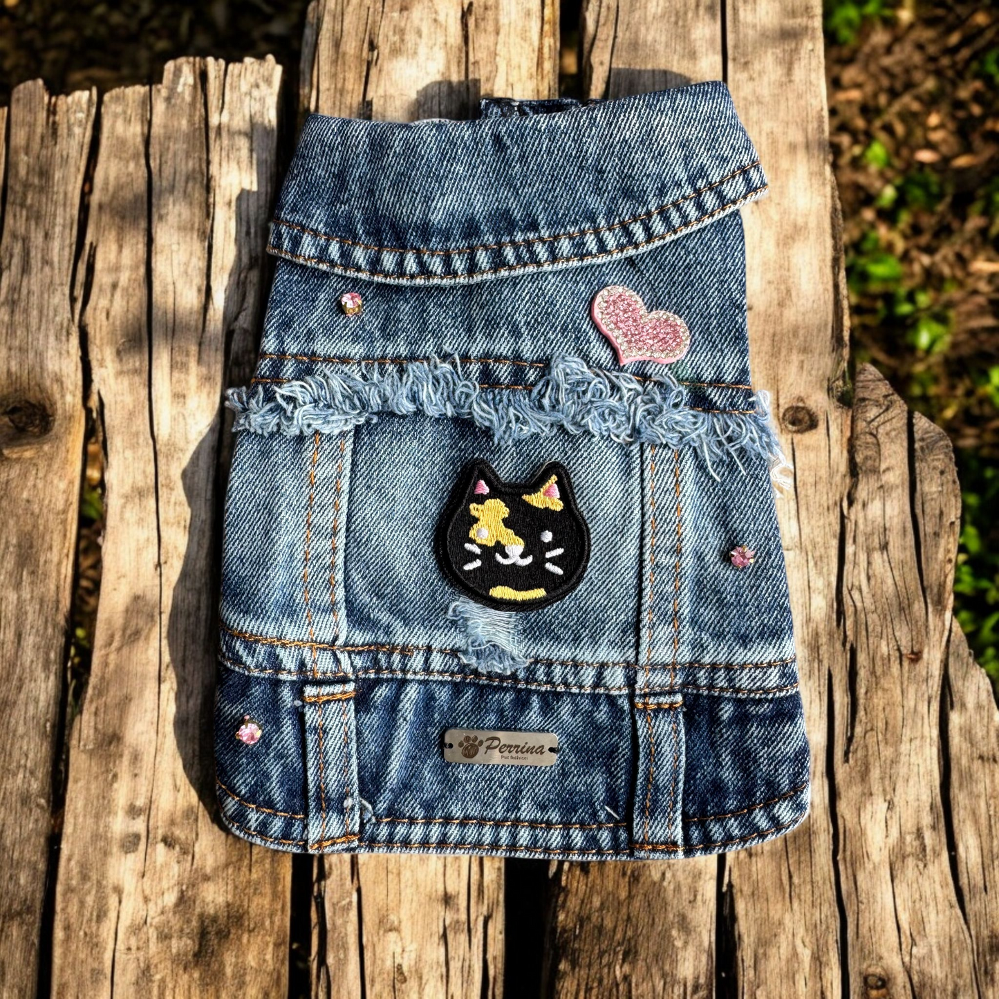 PERRINA chaleco denim con parches de Gatitos para perros y gatos razas chicas medianas y grandes