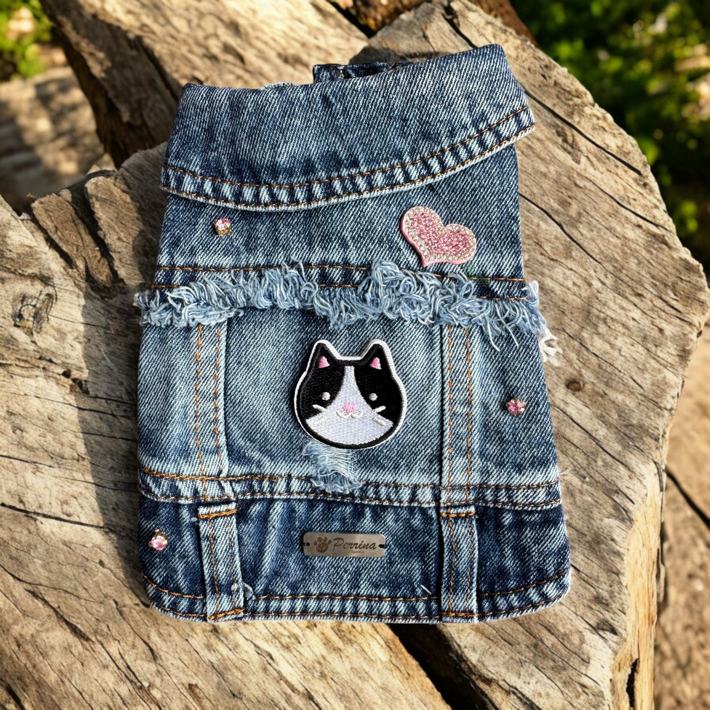 PERRINA chaleco denim con parches de Gatitos para perros y gatos razas chicas medianas y grandes