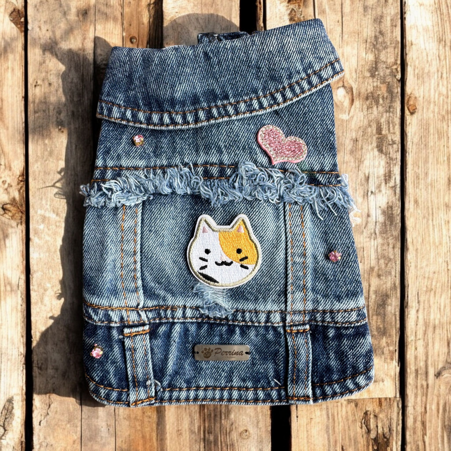 PERRINA chaleco denim con parches de Gatitos para perros y gatos razas chicas medianas y grandes