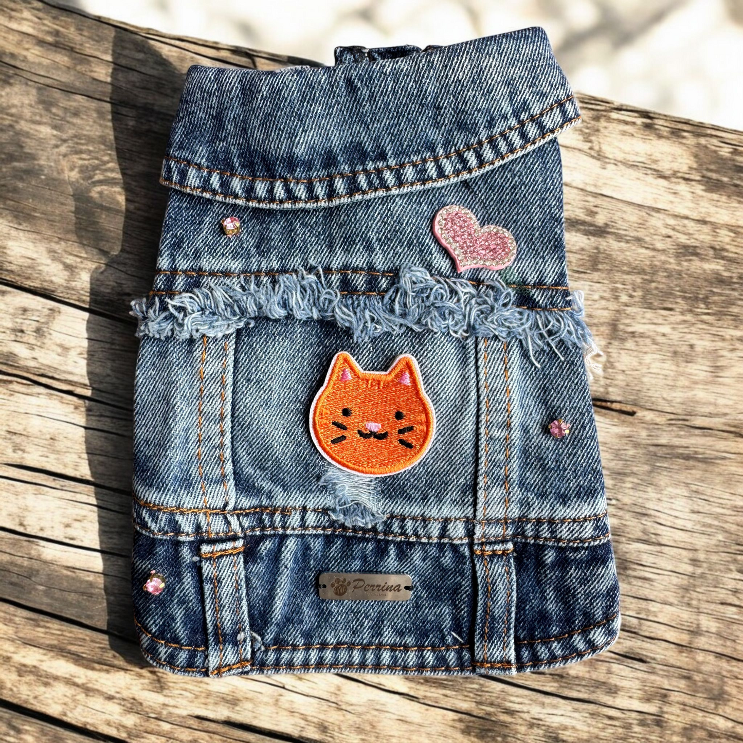 PERRINA chaleco denim con parches de Gatitos para perros y gatos razas chicas medianas y grandes