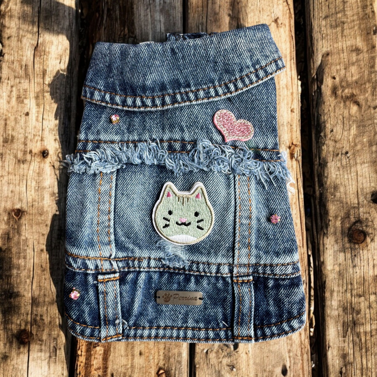 PERRINA chaleco denim con parches de Gatitos para perros y gatos razas chicas medianas y grandes