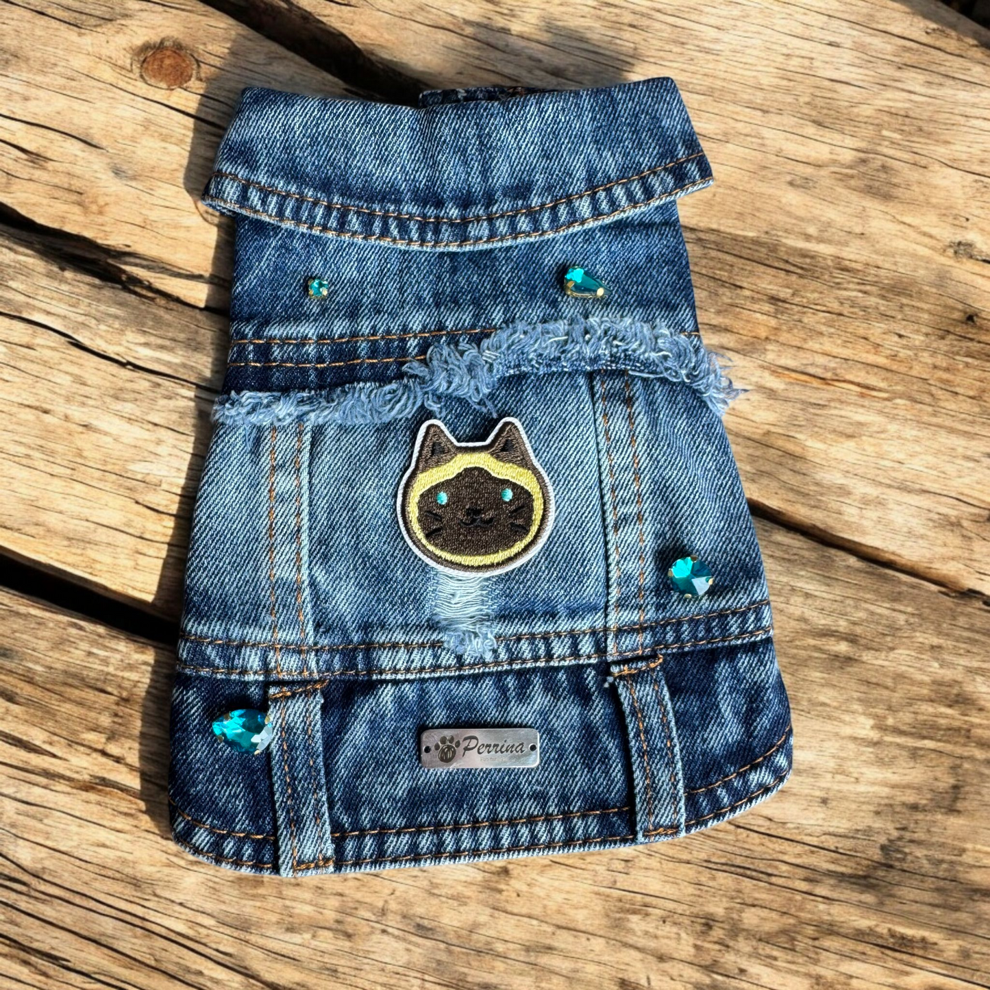 PERRINA chaleco denim con parches de Gatitos para perros y gatos razas chicas medianas y grandes