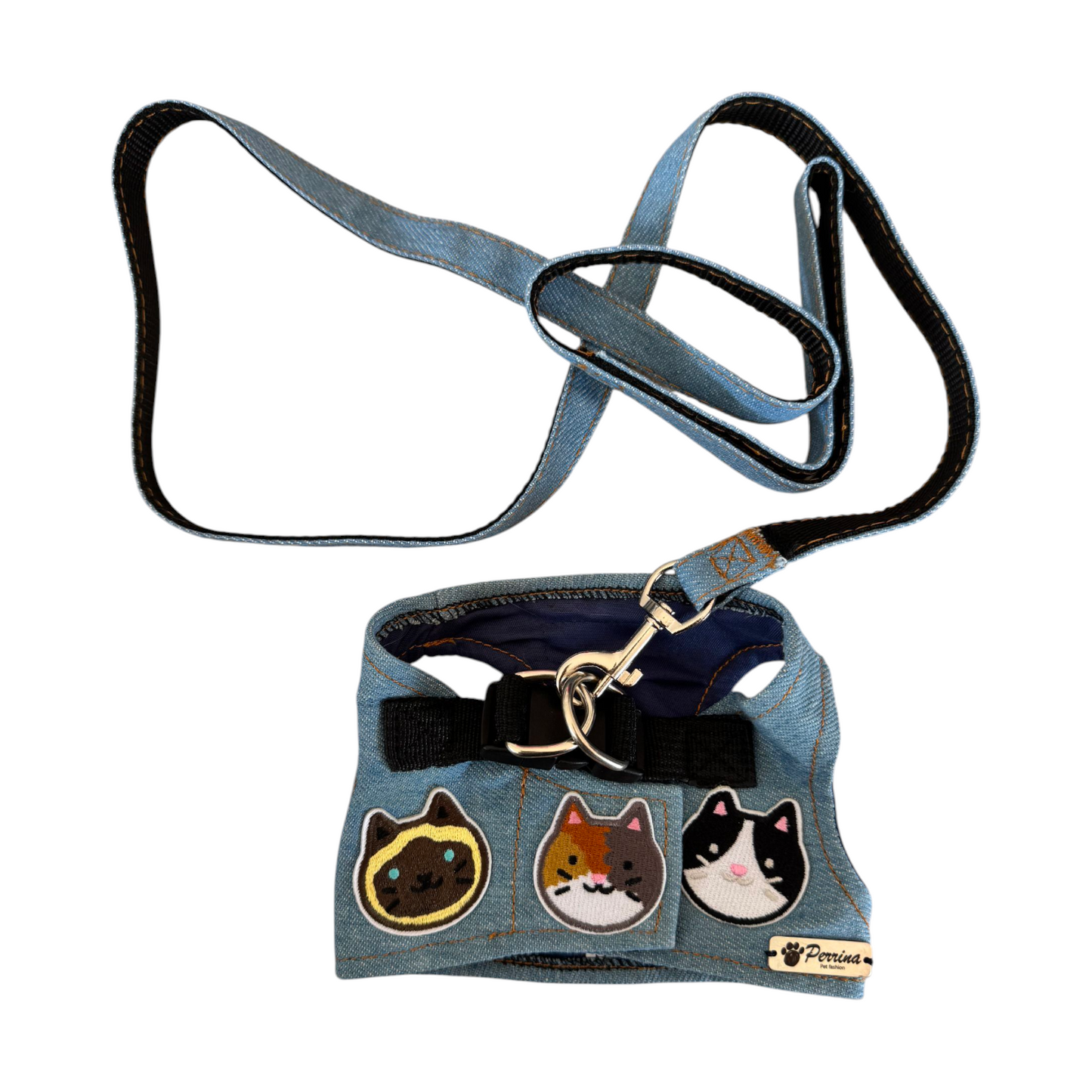 PERRINA arnés denim con parches de Gatitos, para perros y gatos razas chicas medianas y grandes