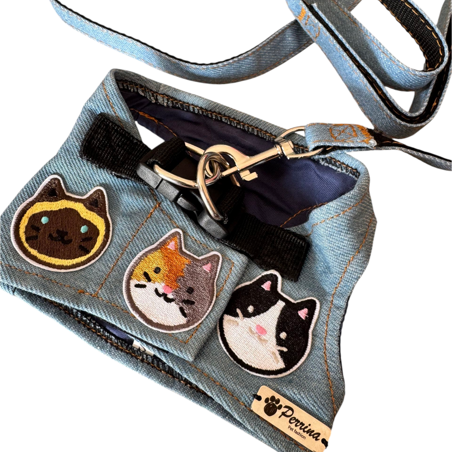 PERRINA arnés denim con parches de Gatitos, para perros y gatos razas chicas medianas y grandes