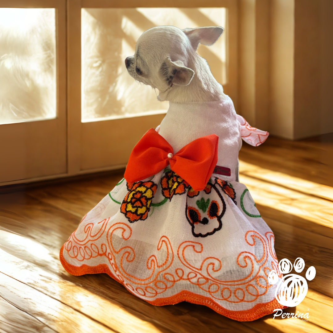 PERRINA vestido con flor de cempasúchil bordada para Mascota