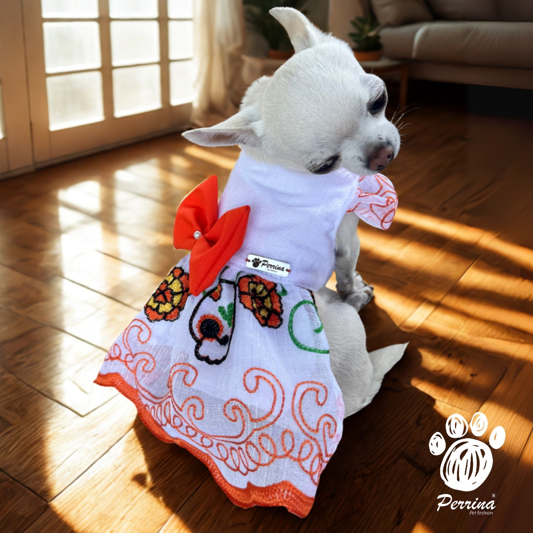 PERRINA vestido con flor de cempasúchil bordada para Mascota