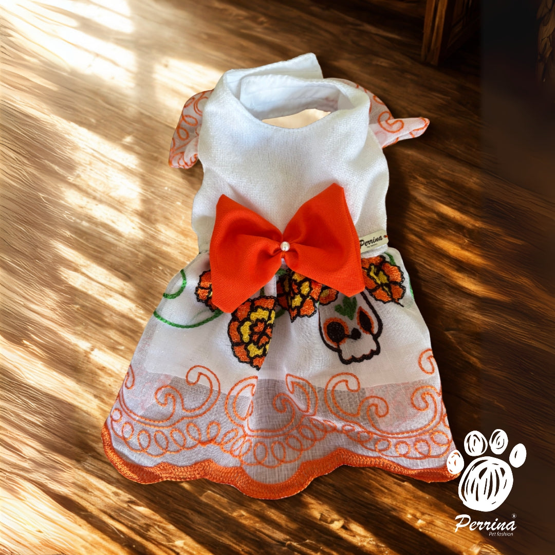PERRINA vestido con flor de cempasúchil bordada para Mascota