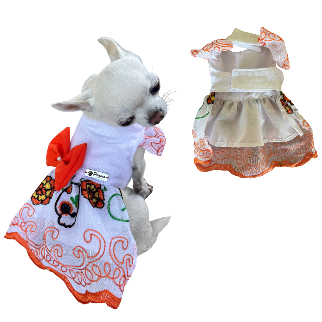 PERRINA vestido con flor de cempasúchil bordada para Mascota
