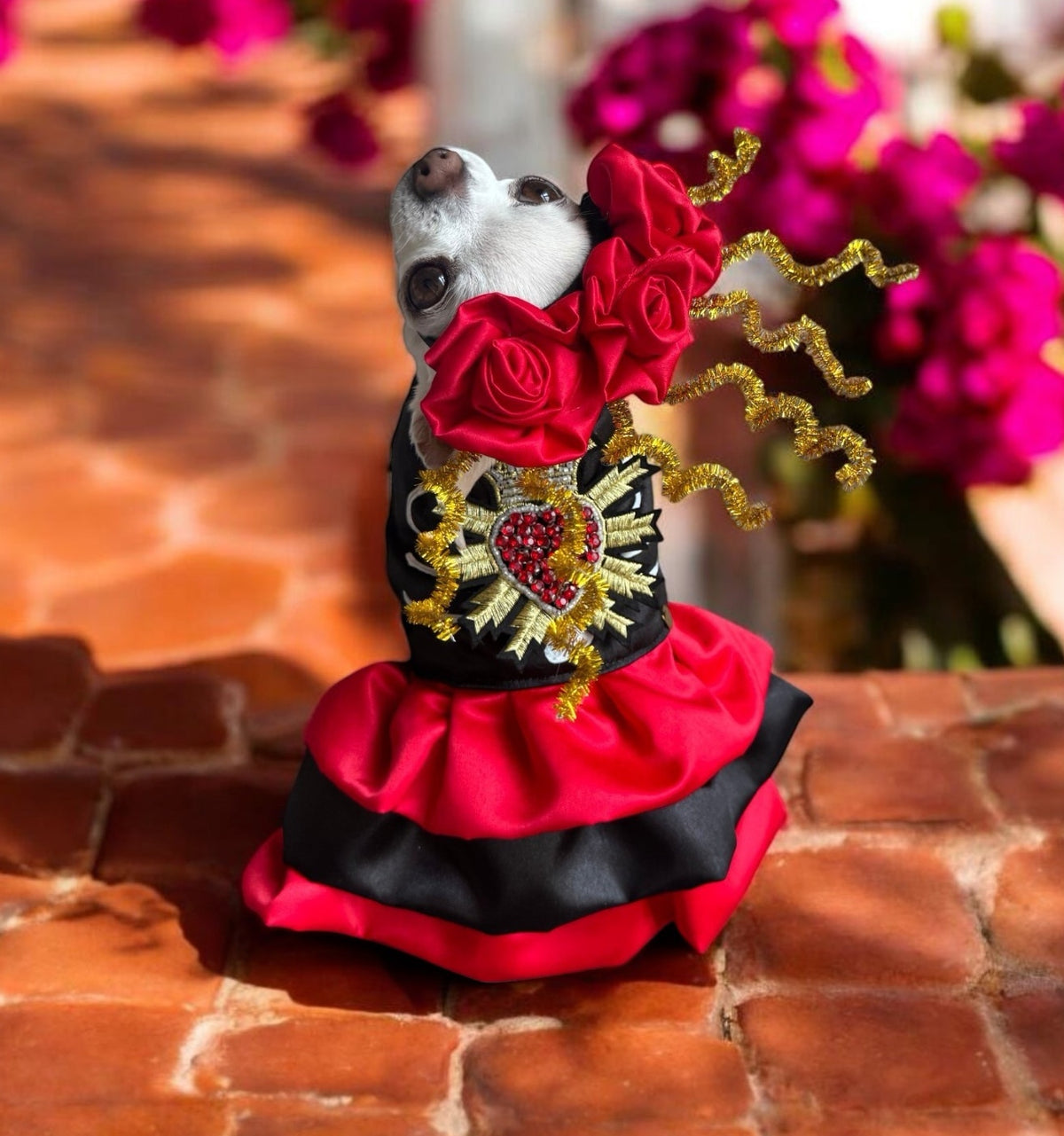 PERRINA disfraz de catrina con Diadema de flores rojas para Mascota Perro y Gato, razas chicas medianas y grandes