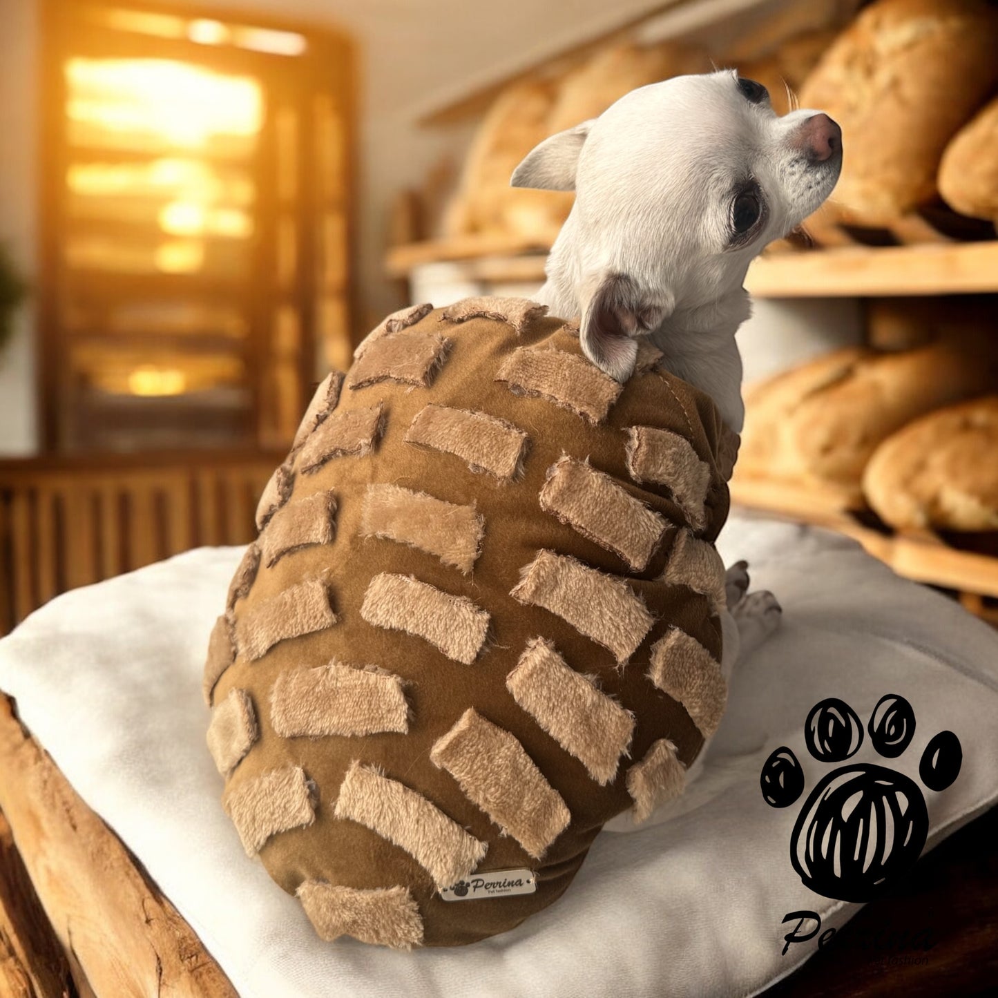 PERRINA disfraz de pan, Concha de chocolate, vainilla, fresa, para perros y gatos razas chicas medianas y grandes